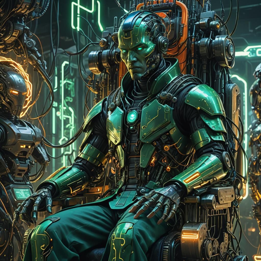 Cyberpunk Emperor in Mechanical Throne