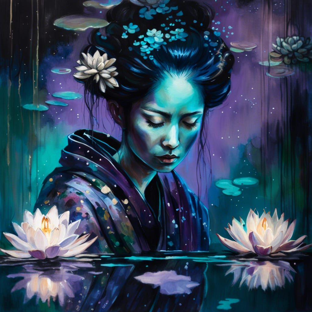 Geisha Reflecting in Lotus Pond: Ethereal Fantasy Art