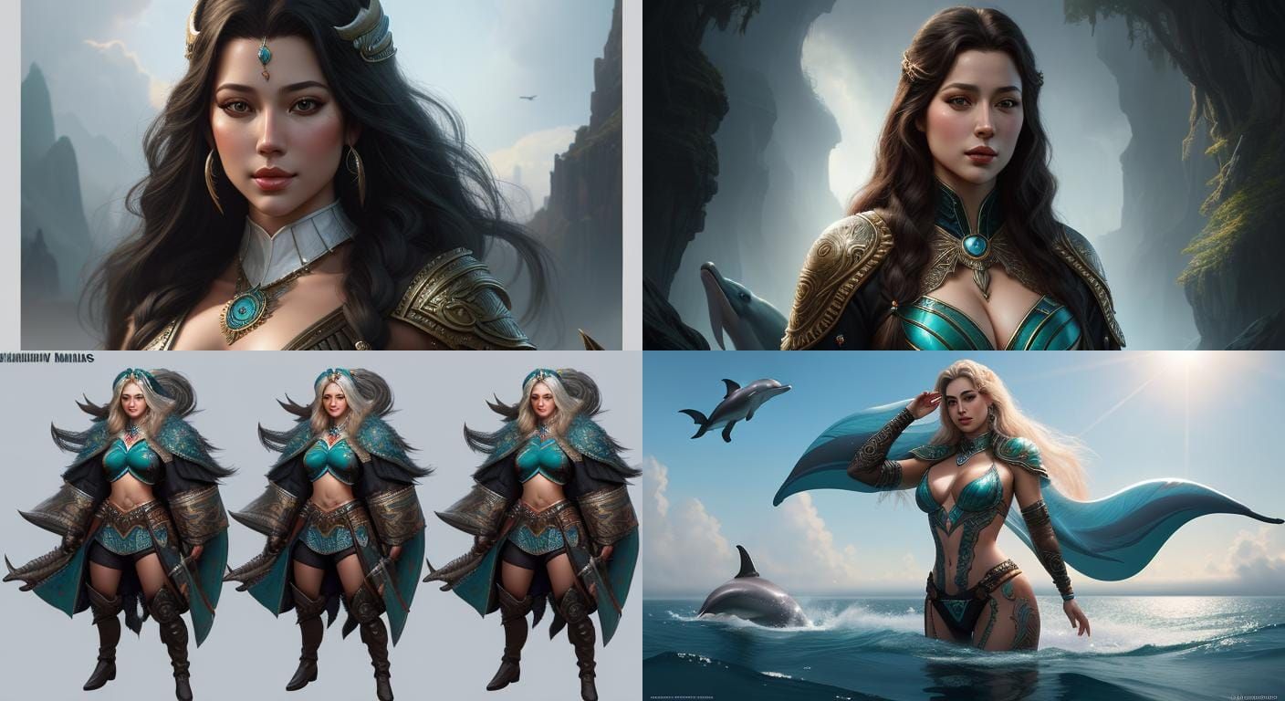 Fantasy Character Portrait with Dolphins: Digital Painting