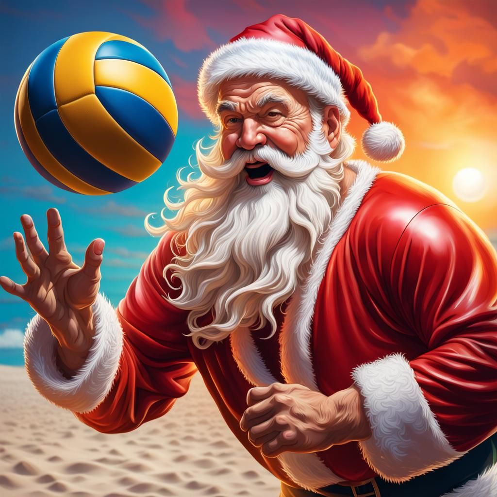 Santa Claus Plays Volleyball: Hyperrealistic Splash Art