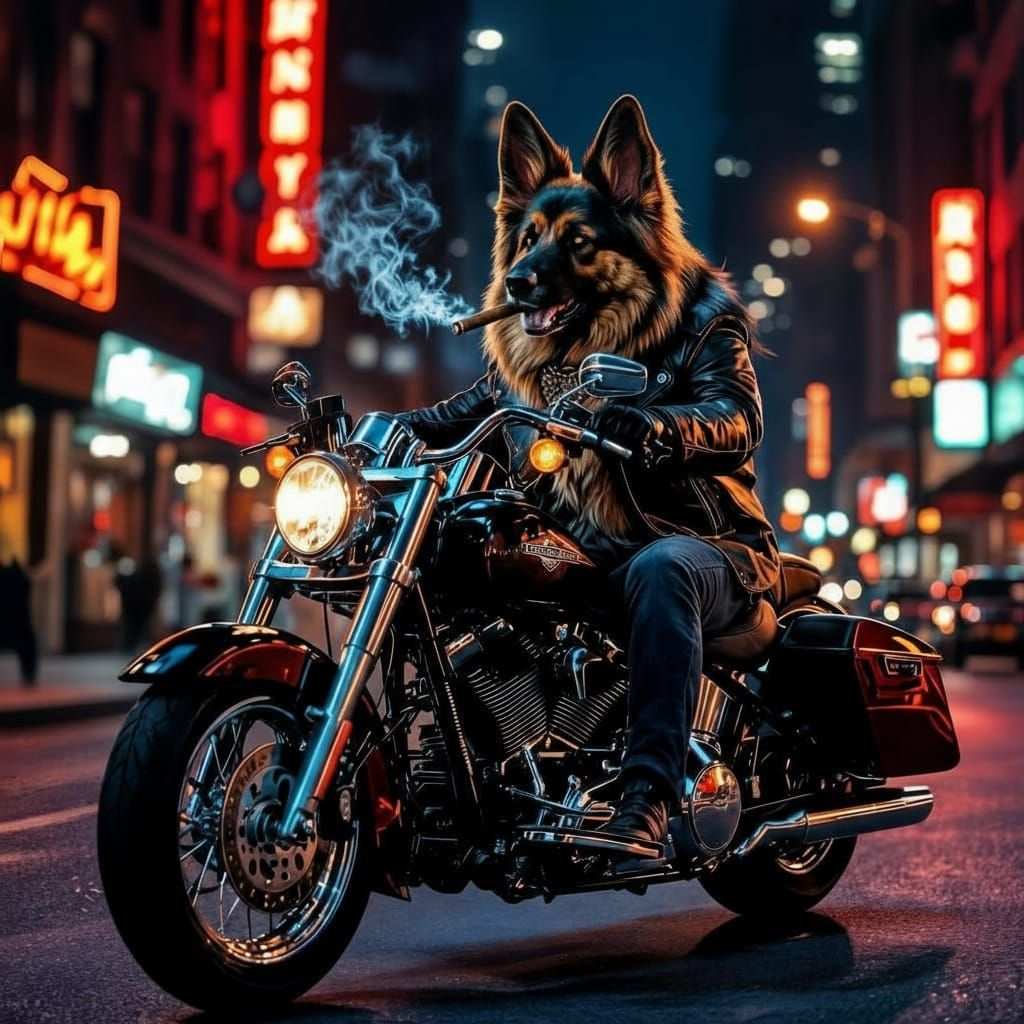 German Shepherd Rides Harley, Smoking Cigar in City Night