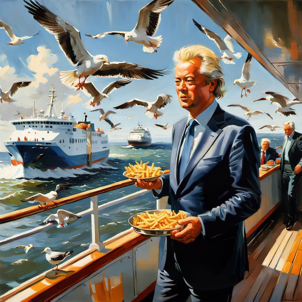 Ferry Snack: Fries and Seagulls in the Style of Fine Art