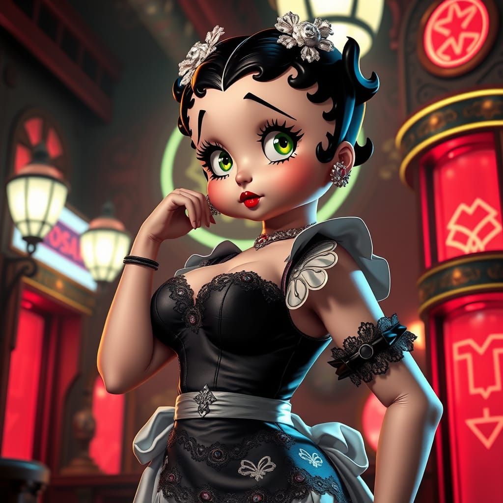 Sultry Art Nouveau Goddess in Japanese-Style Maid Outfit