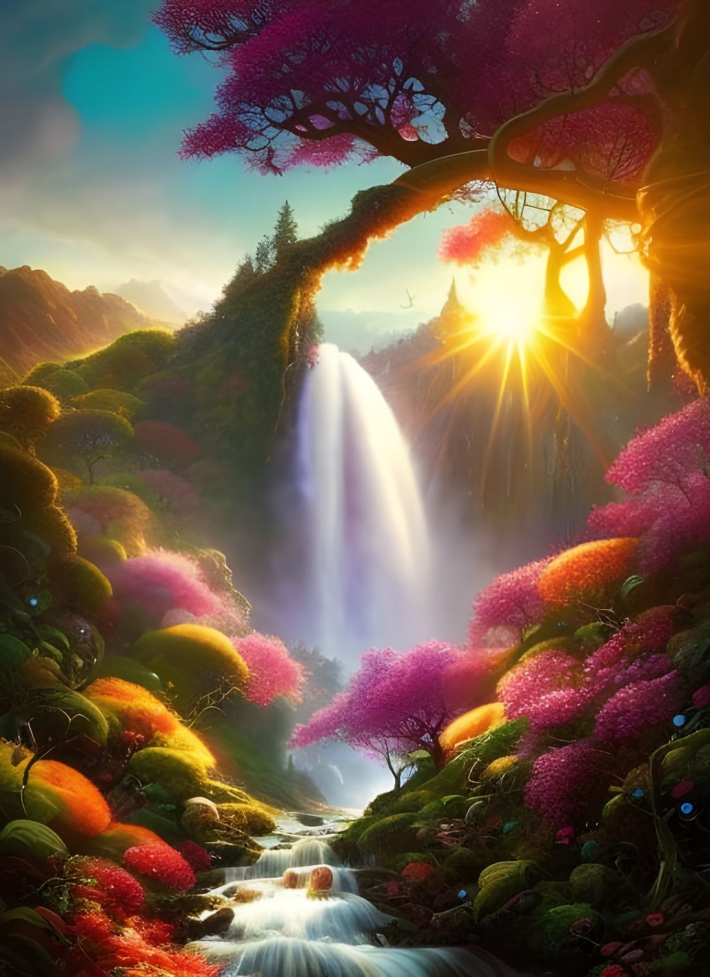 Backlit Waterfall Landscape in Candy Art Style