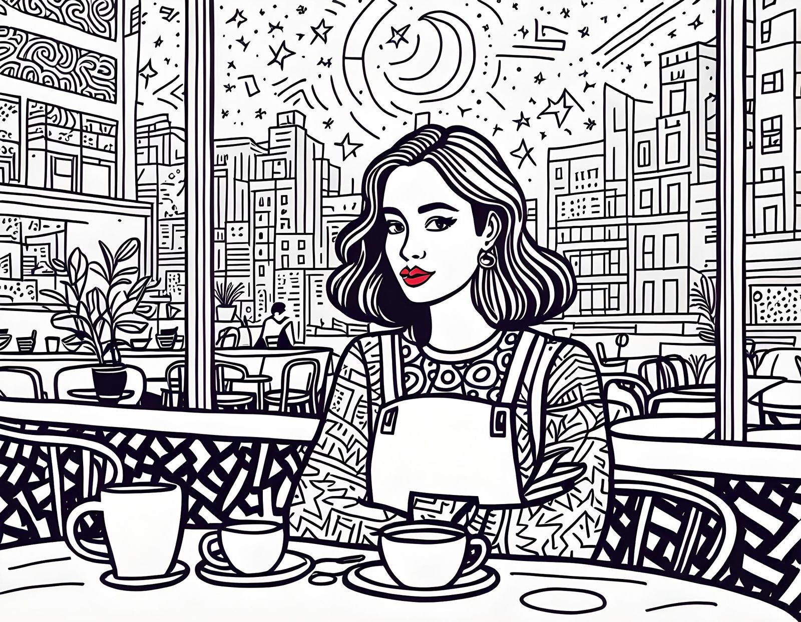 Girl in Cafe: Keith Haring-Style Doodle Illustration