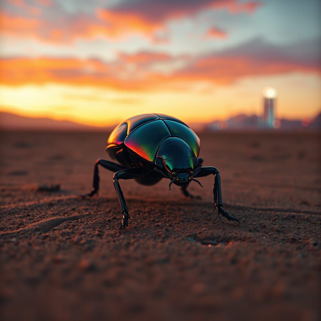 Iridescent Beetle in Desert Sunset, Cyberpunk City Reflectio...