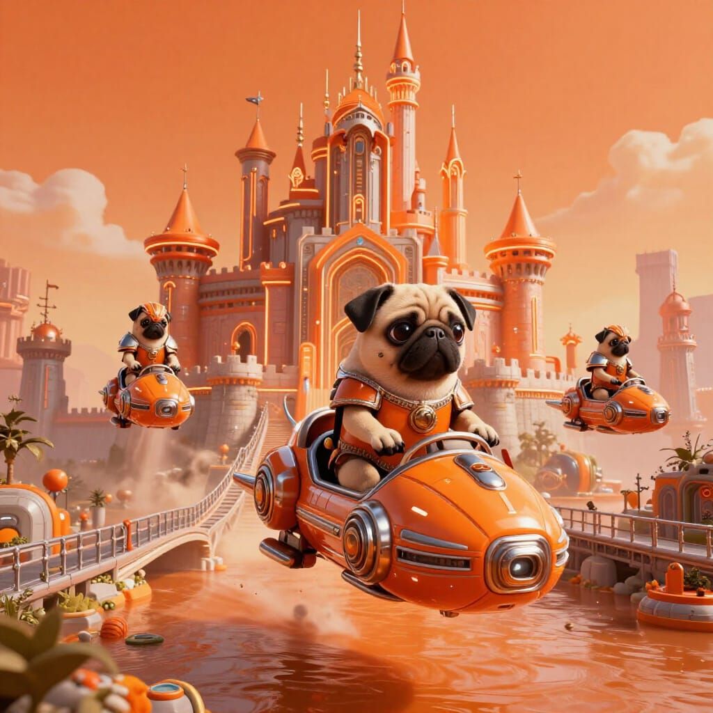 Retro Futurism Pug Knights Guarding Neon Castle