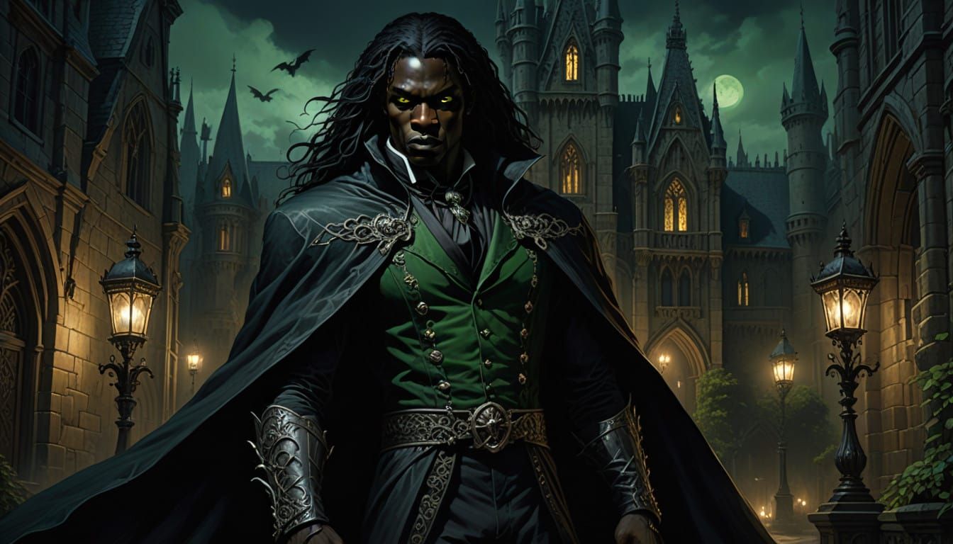 Dark Gothic Vampire in Victorian Castle at Night