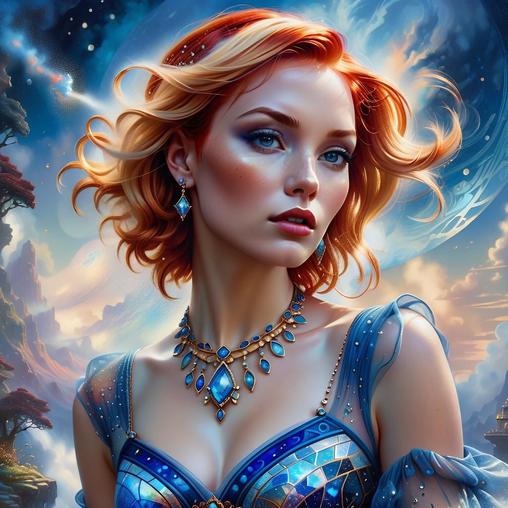 Young women with Short Blond Red hair in a Blue Dress