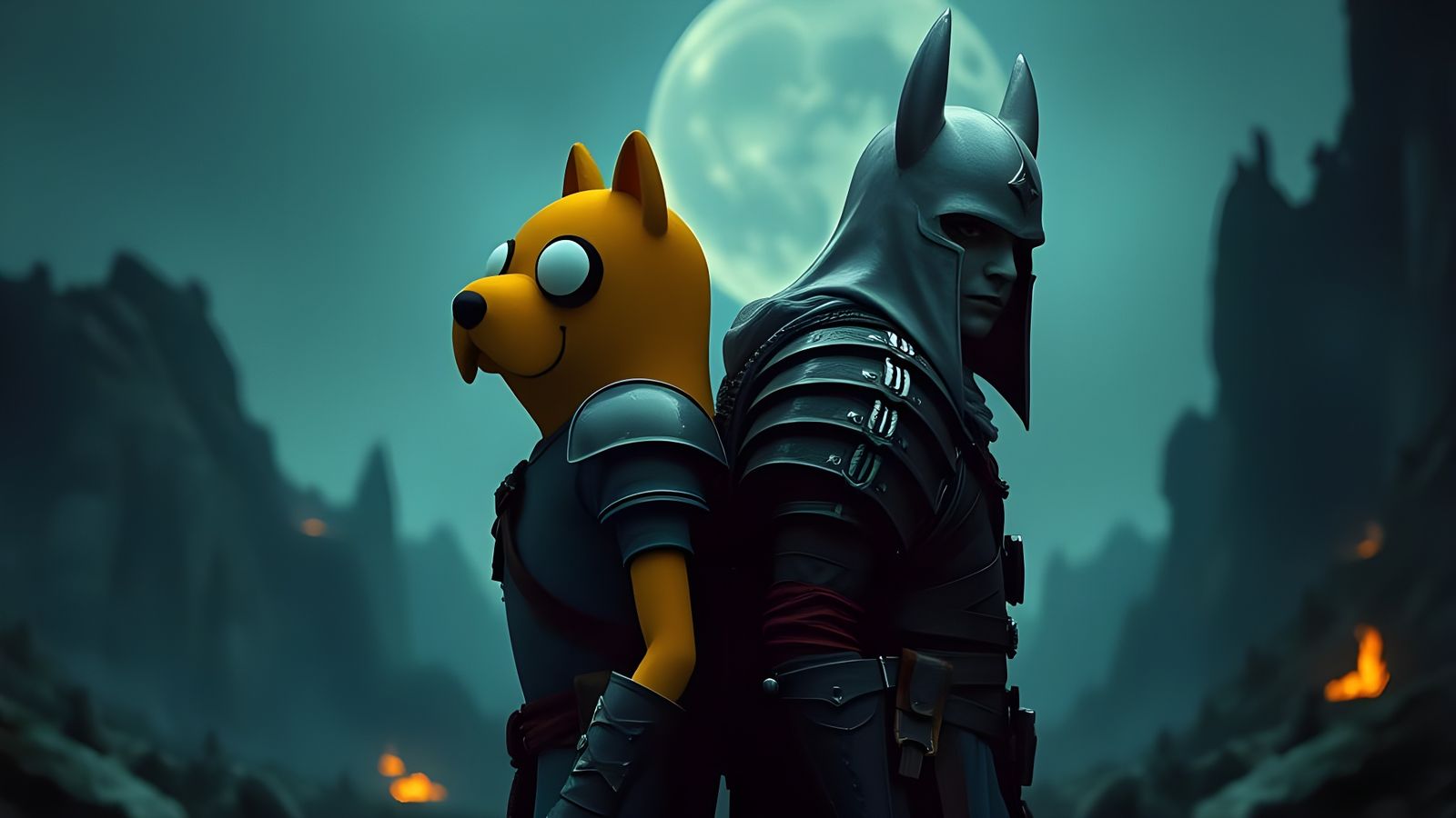 Epic Cinematic Still of Finn and Jake in Dark Souls World