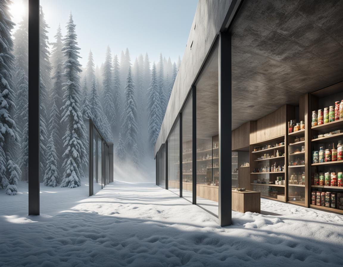 Brutalist Storefront Reveals Summer Forest, 8K Render