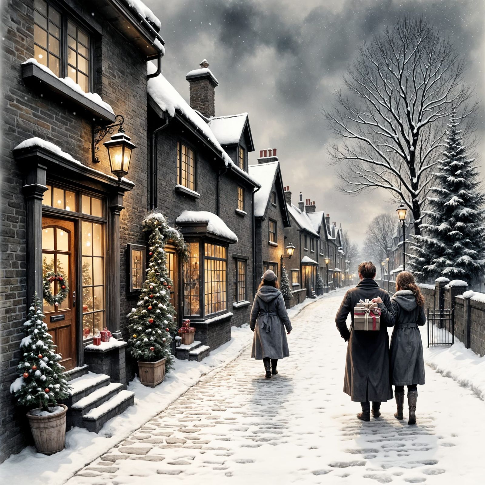 18th Century English Village Christmas Eve Scene