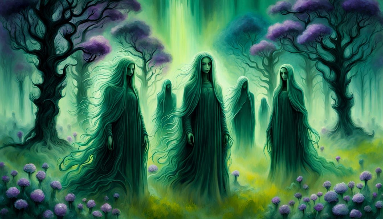 Ethereal Gothic Masterpiece: Ghostly Figures in Ghastly Gree...