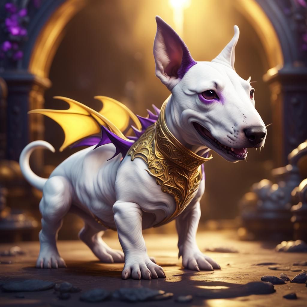 Cute White Bull Terrier Dragon: Dark Fantasy Art