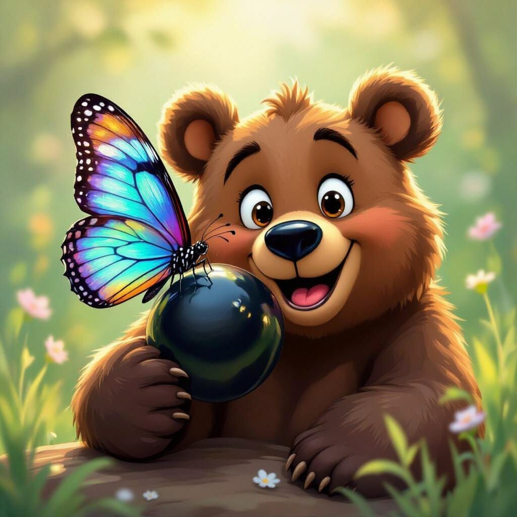 Butterfly on Smiling Bear's Nose - Children's Book Art Style