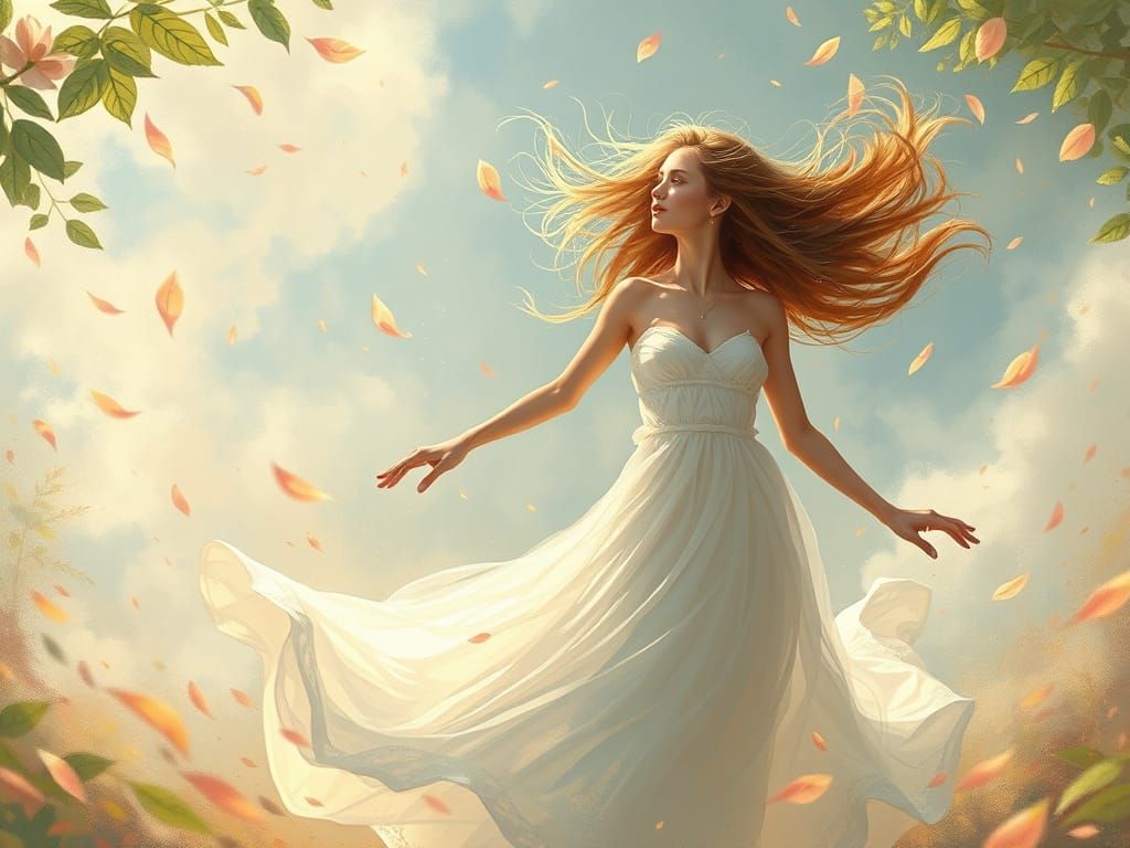 Ethereal Woman Amidst Dancing Leaves in Dreamy Landscape