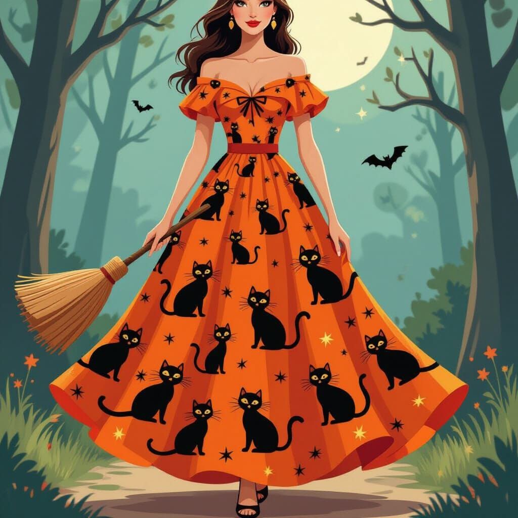 Whimsical Halloween Dress with Black Cat Print