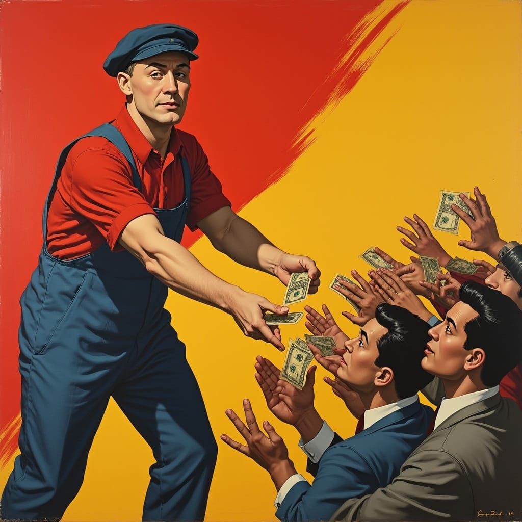Worker Distributing Money in Soviet Realism Style