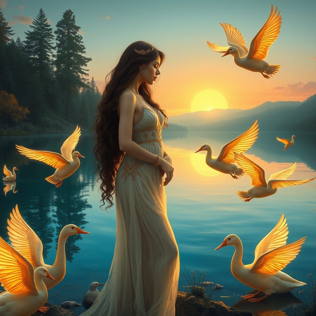 A Serene Woman Amidst Golden Waterfowl in Art Nouveau Style