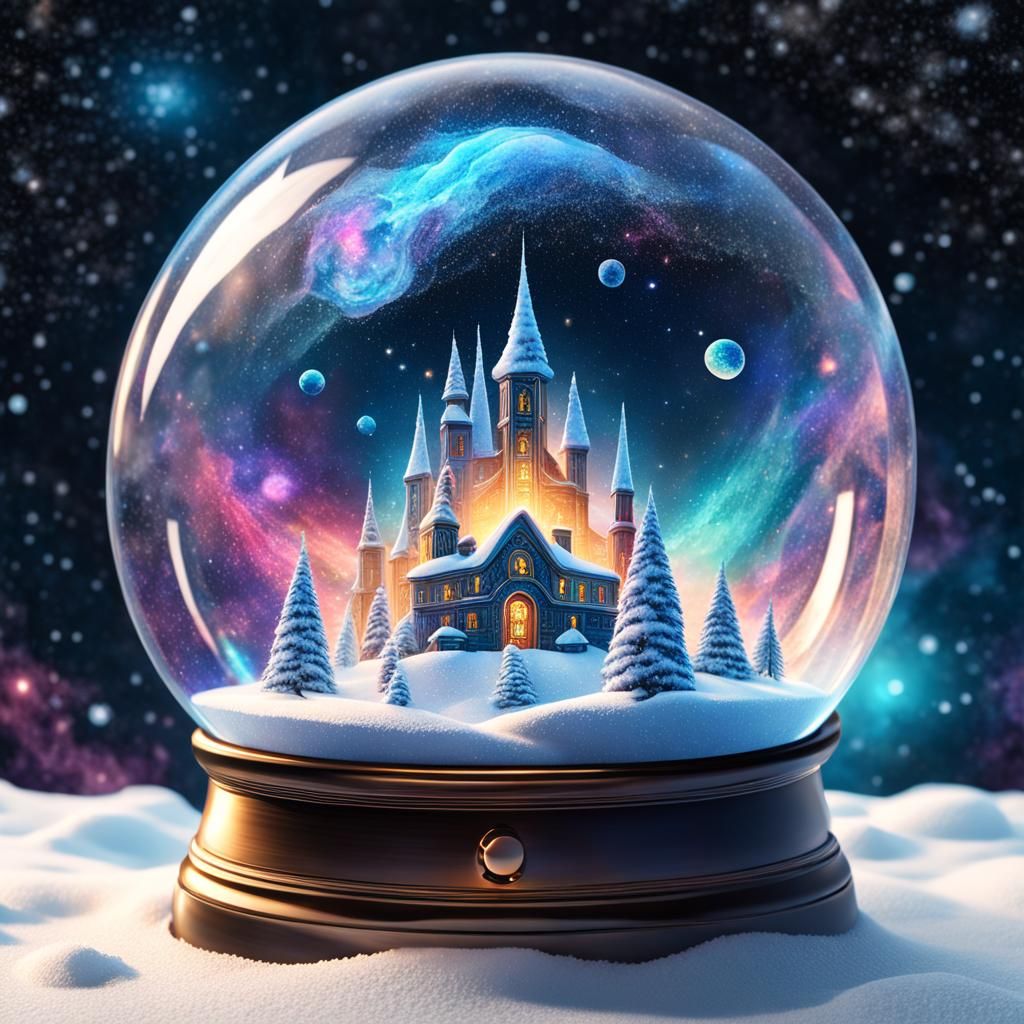 Cosmic Nebula in Snow Globes: Holographic Illustration