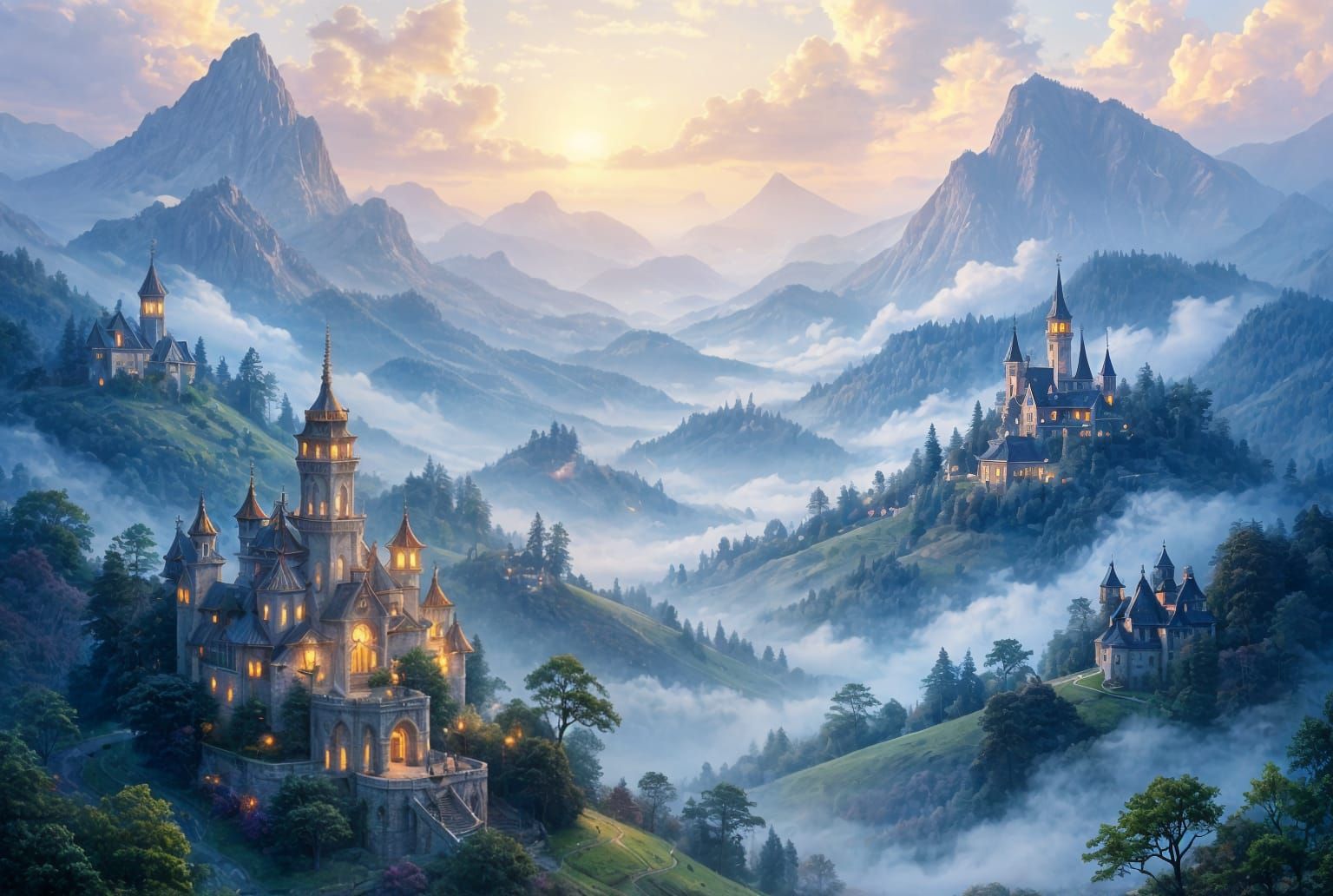 Ethereal Fantasy Landscape with Mystical Architecture
