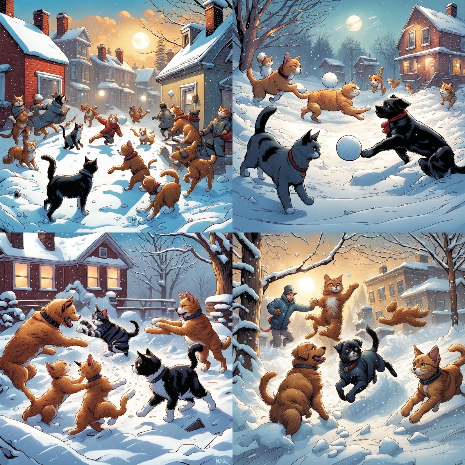 Cats and Dogs Snowball Fight in Comic Book Art Style
