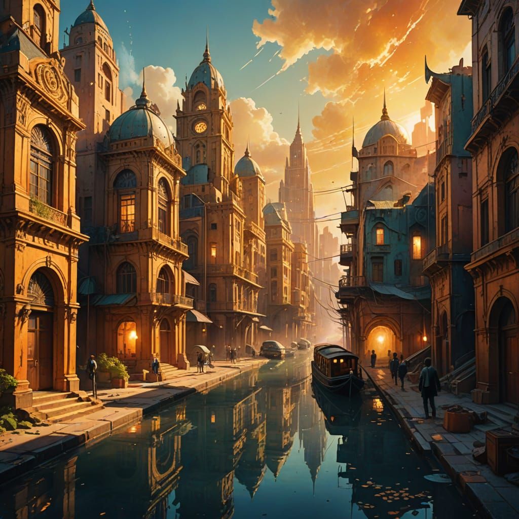 Lost Golden City in Watercolor Style