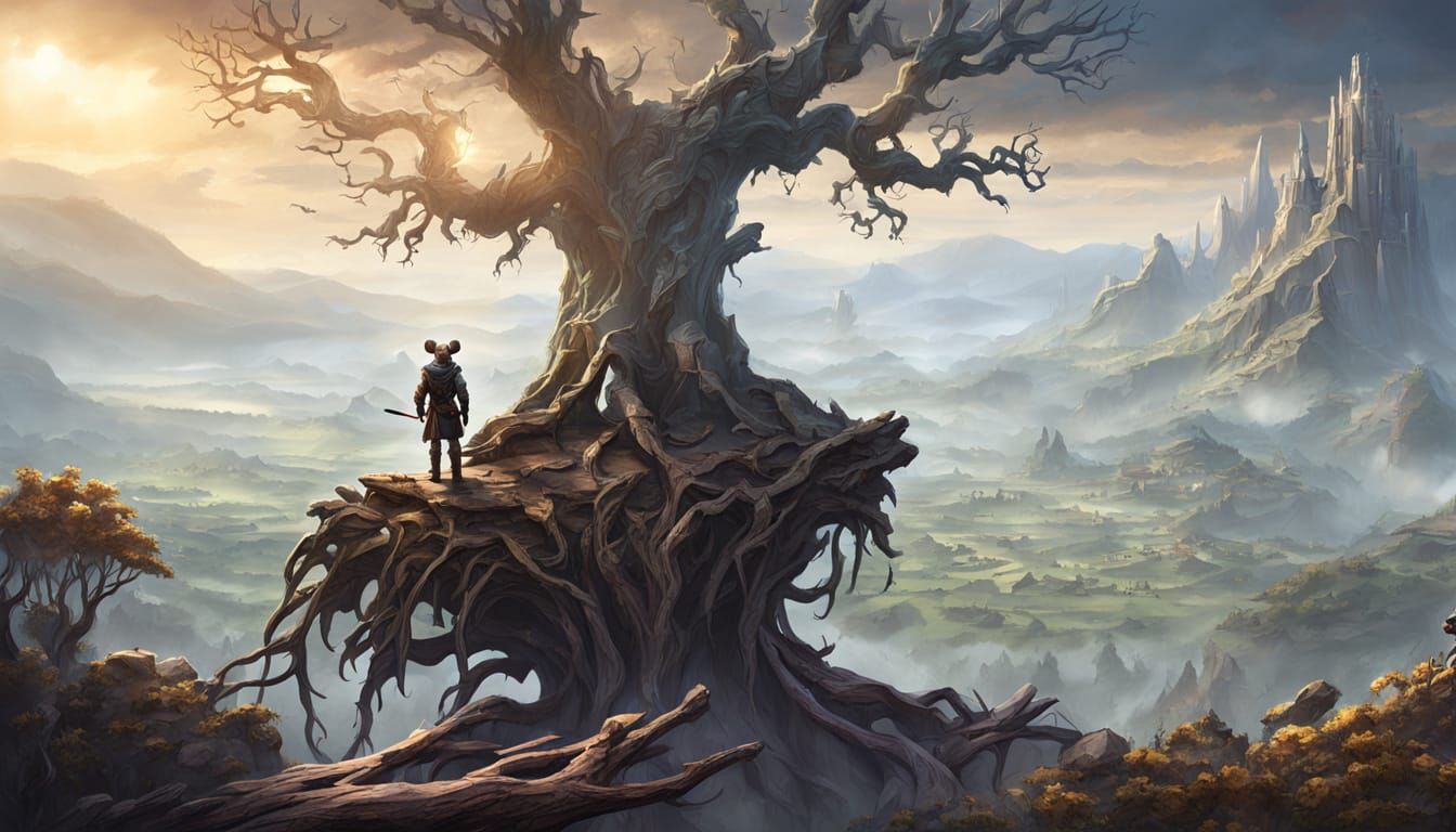 Mouse Adventurer on Ancient Tree Root Overlooking Misty Vall...