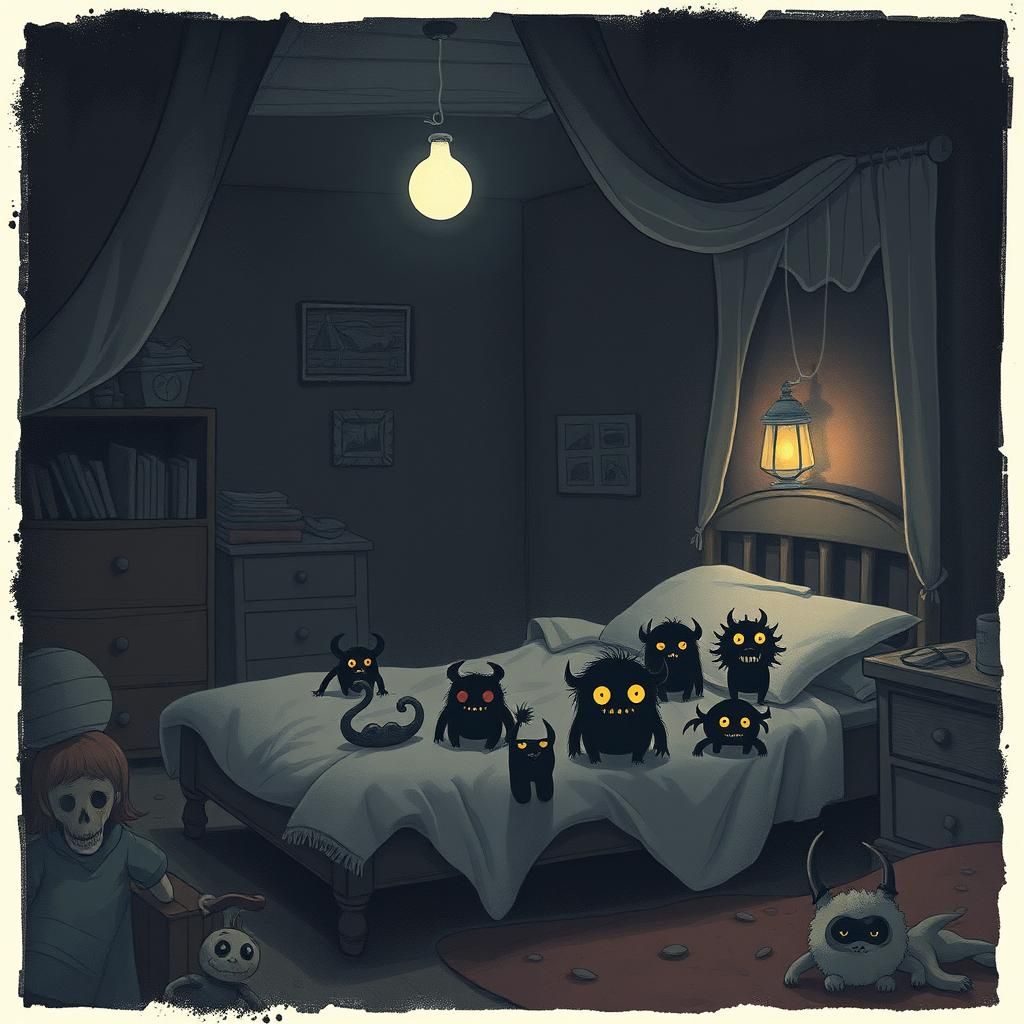 Whimsical Monsters Under Bed in Dark Silhouette