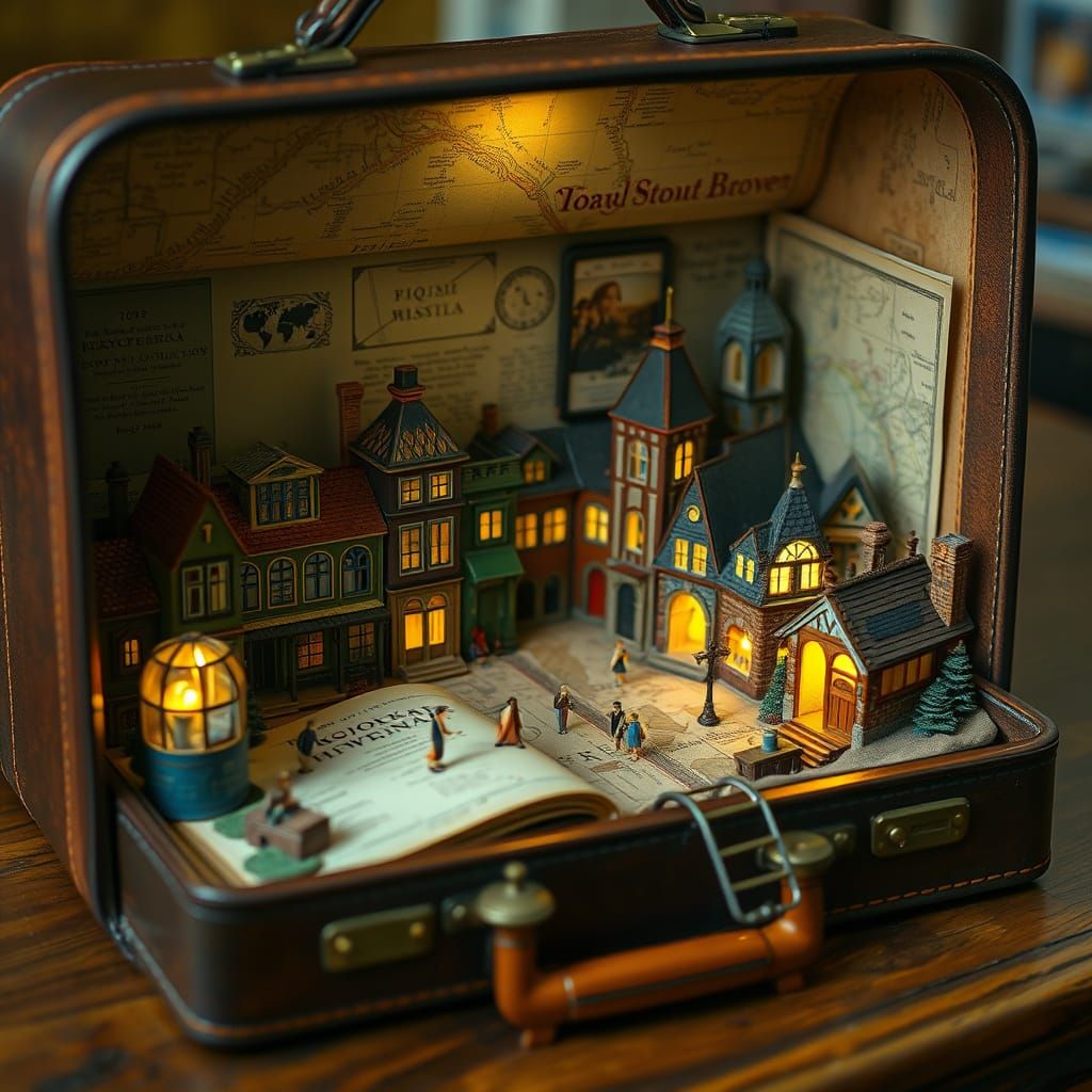 Miniature Town Inside Vintage Suitcase