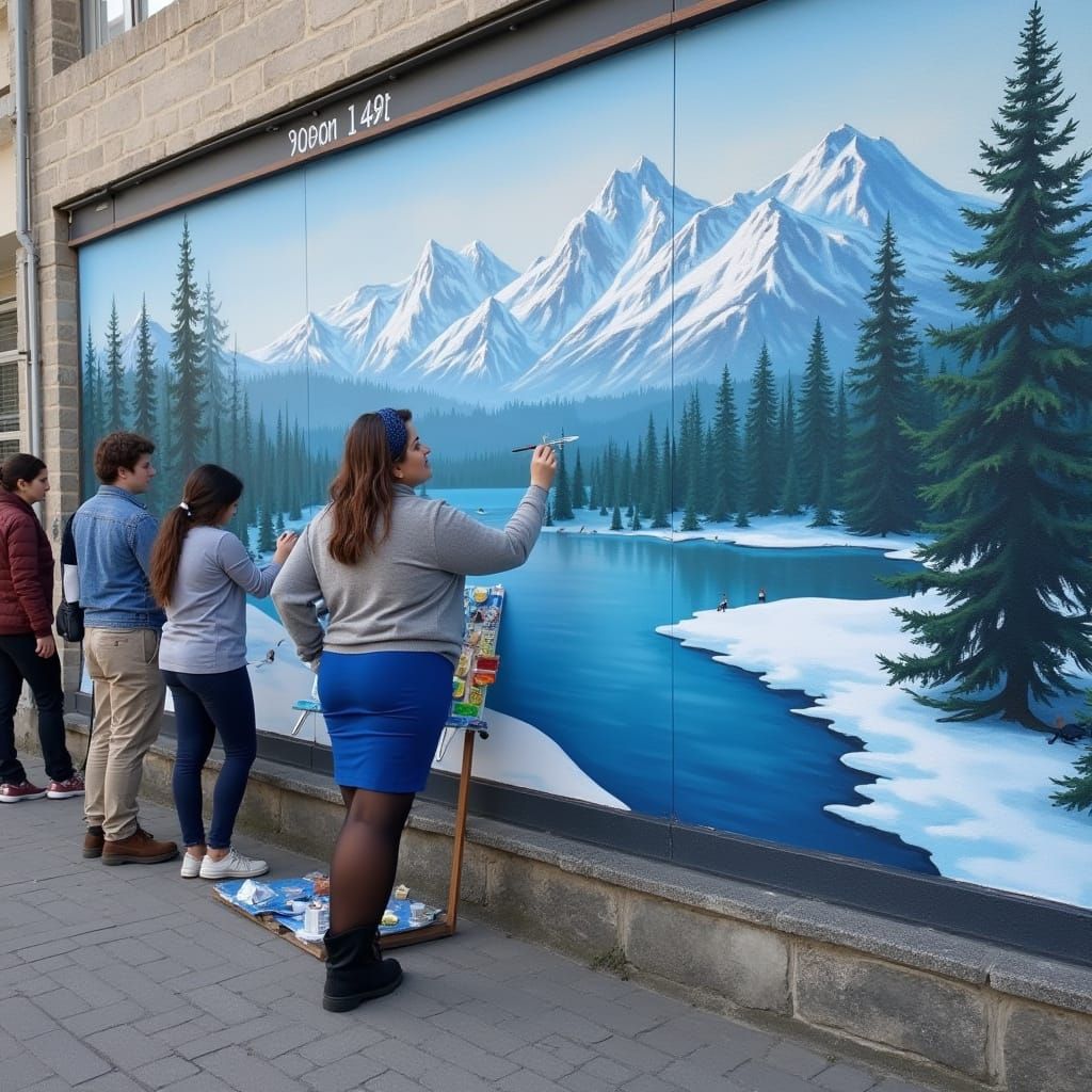 Art Teacher Leads Students Painting Mountain Mural