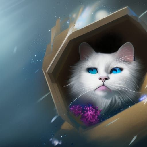 Fluffy White Cat in Cardboard Box, Detailed Art