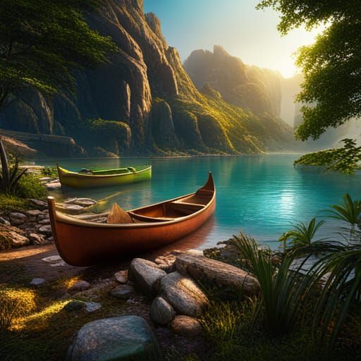 Colorful Canoes in Detailed Matte Painting Style