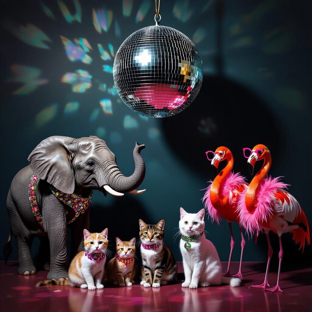 Disco Ball Party with Animals in Pop Surrealist Style