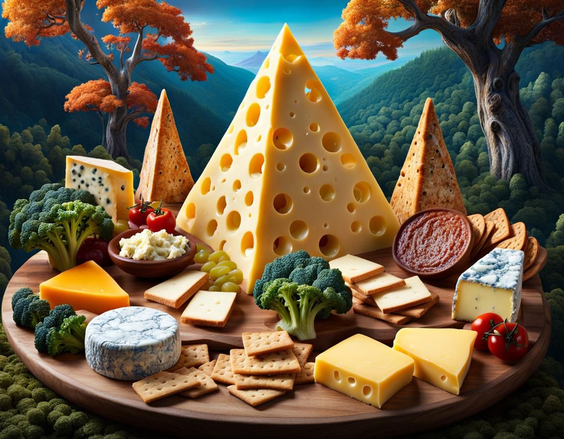 Surreal Cheese Pyramid Forest: A Bizarre Landscape
