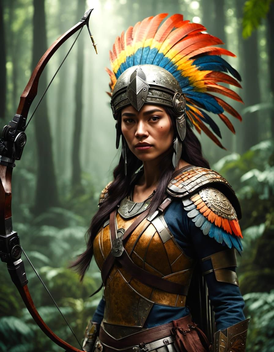 Indigenous Warrior in Hyperrealistic Forest Setting