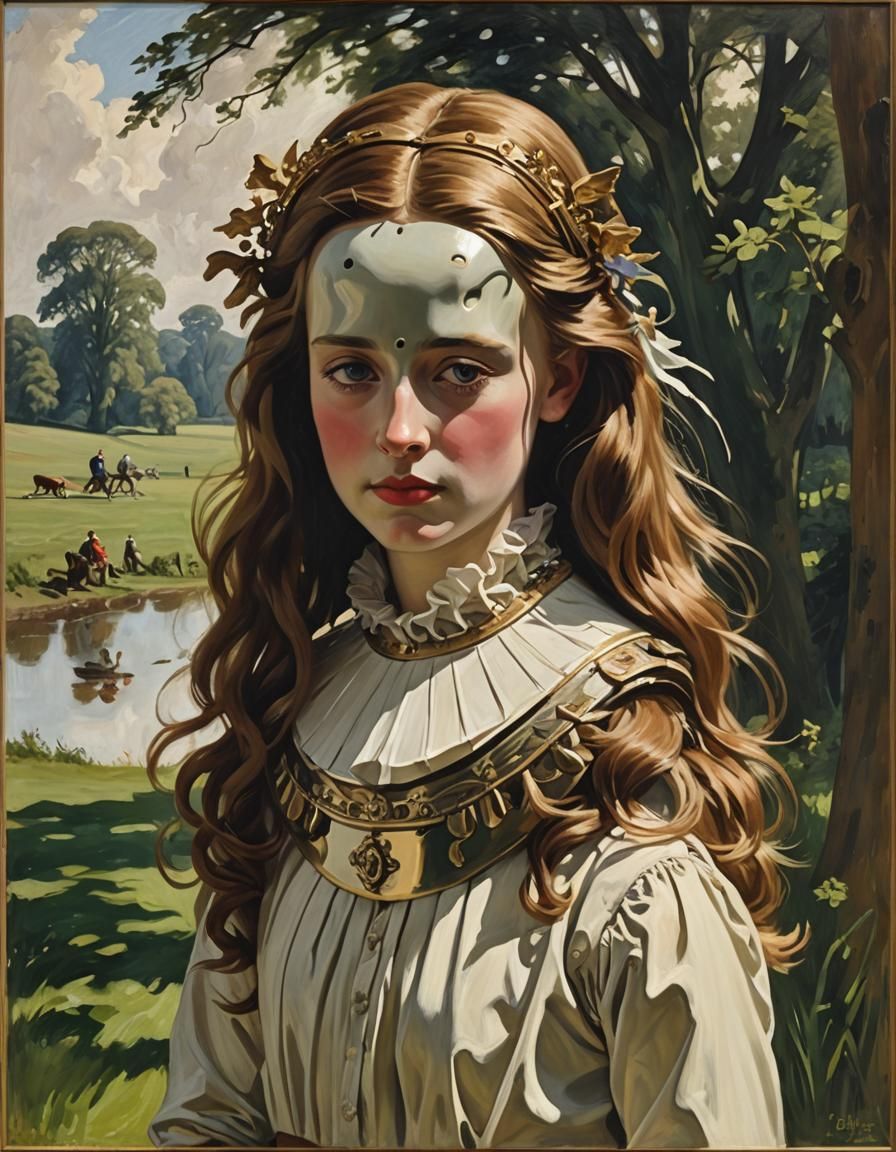 Girl with Death Mask (She Plays Alone) in the style of Alfred Munnings