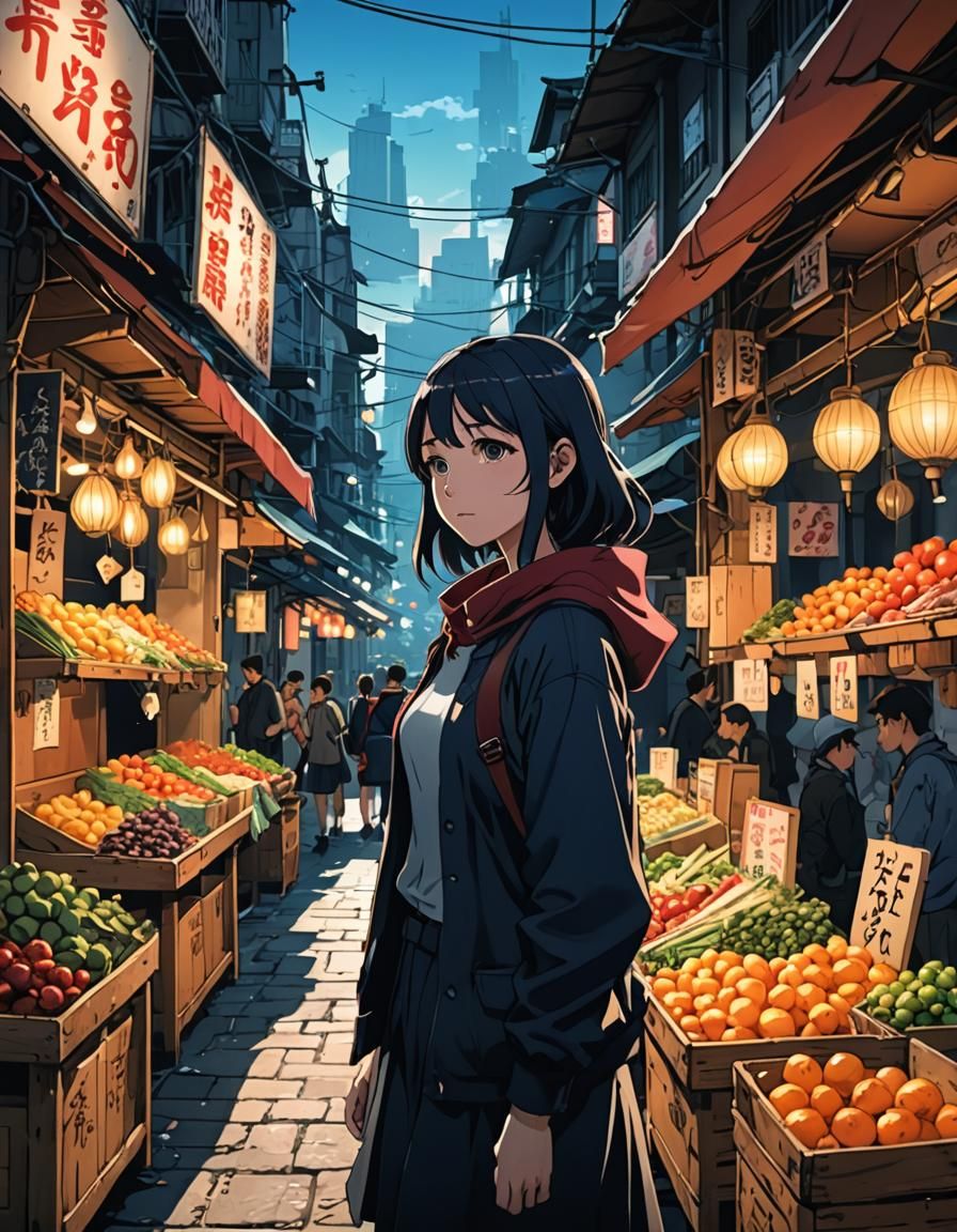 Anime Girl at Street Market in Cel-Shaded Style