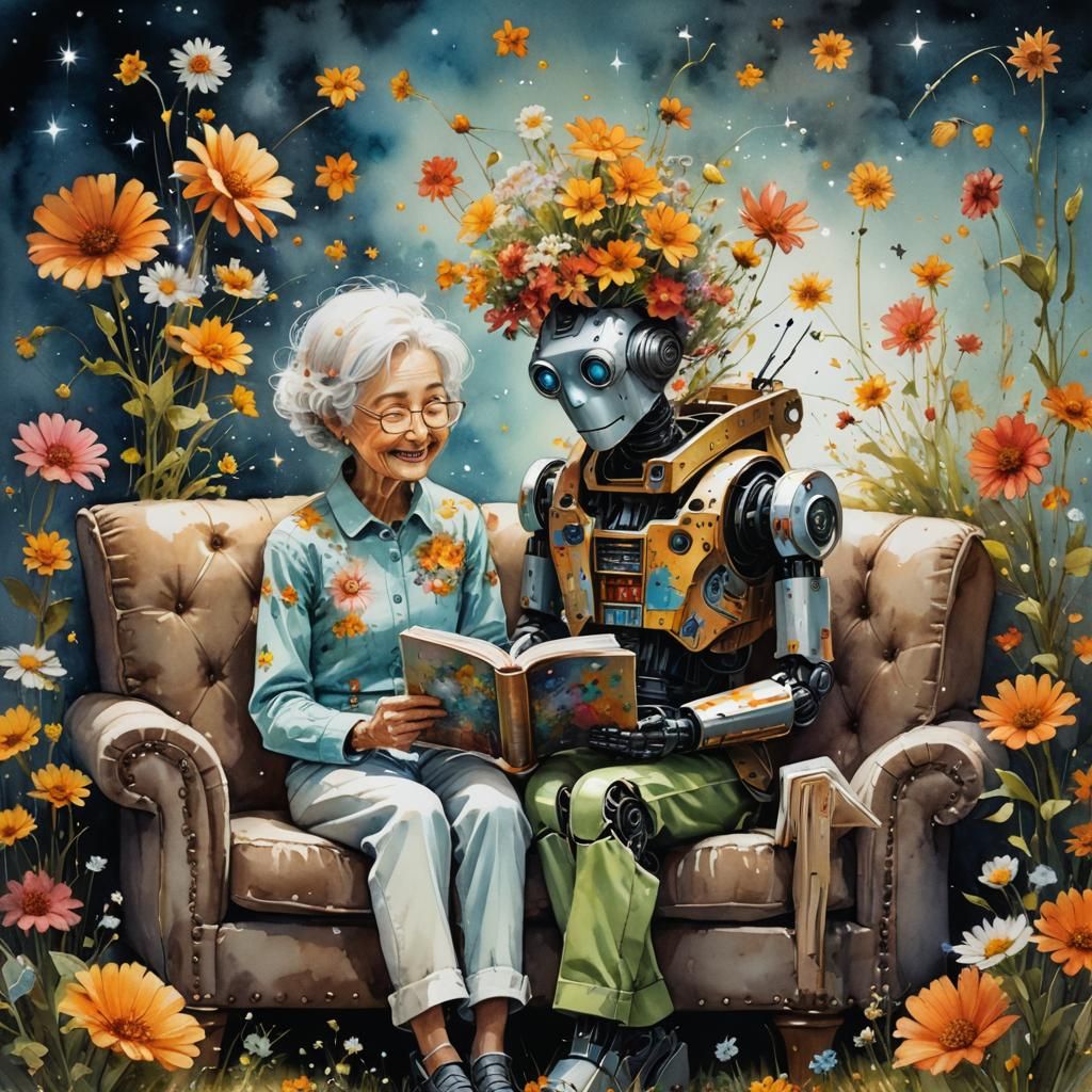Robot Made of Flowers Reads to Woman