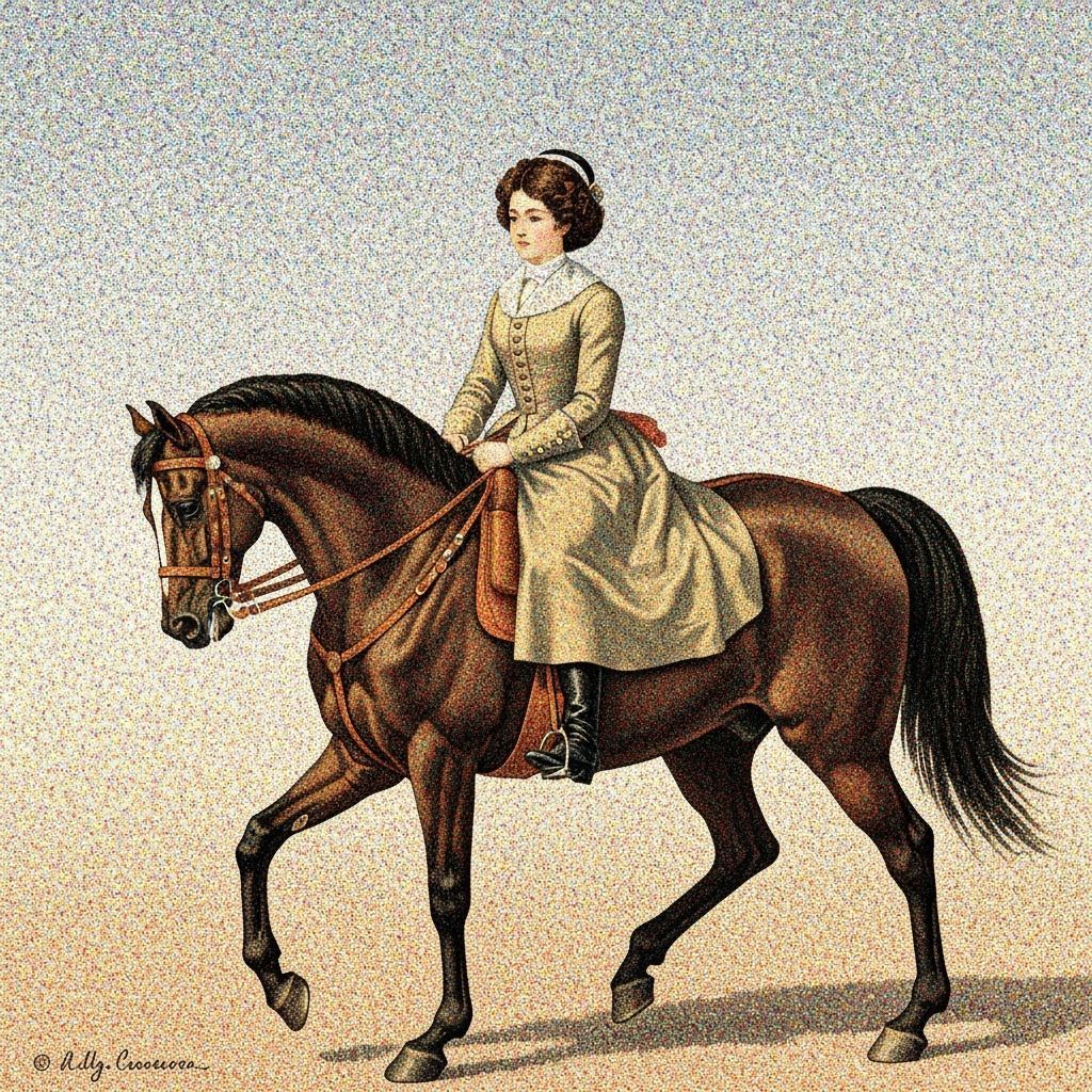 1700s Woman Riding Horse in Pointillism Style