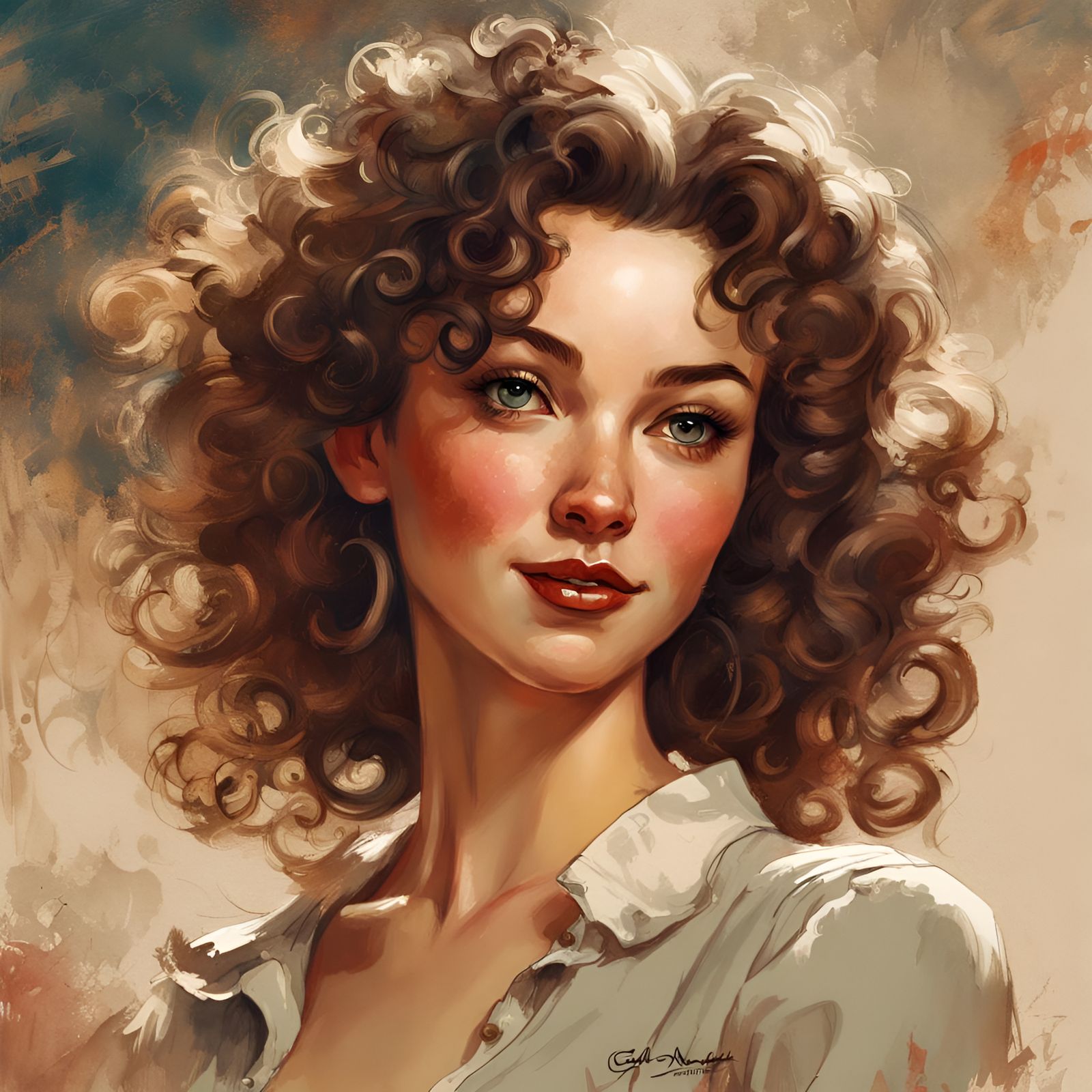 Portrait of Curly-Haired Woman, Digital Illustration