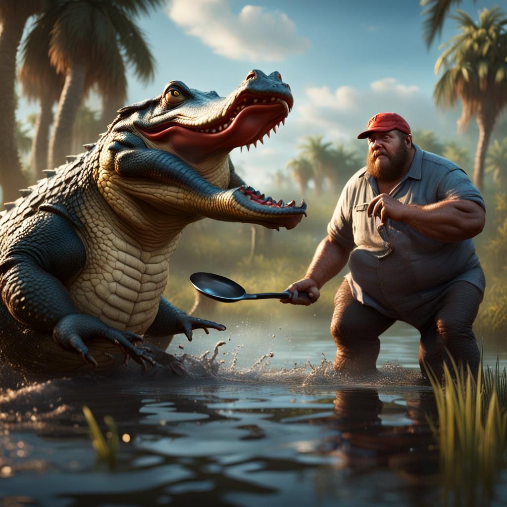 Florida Man's Frying Pan vs Gator in Matte Painting