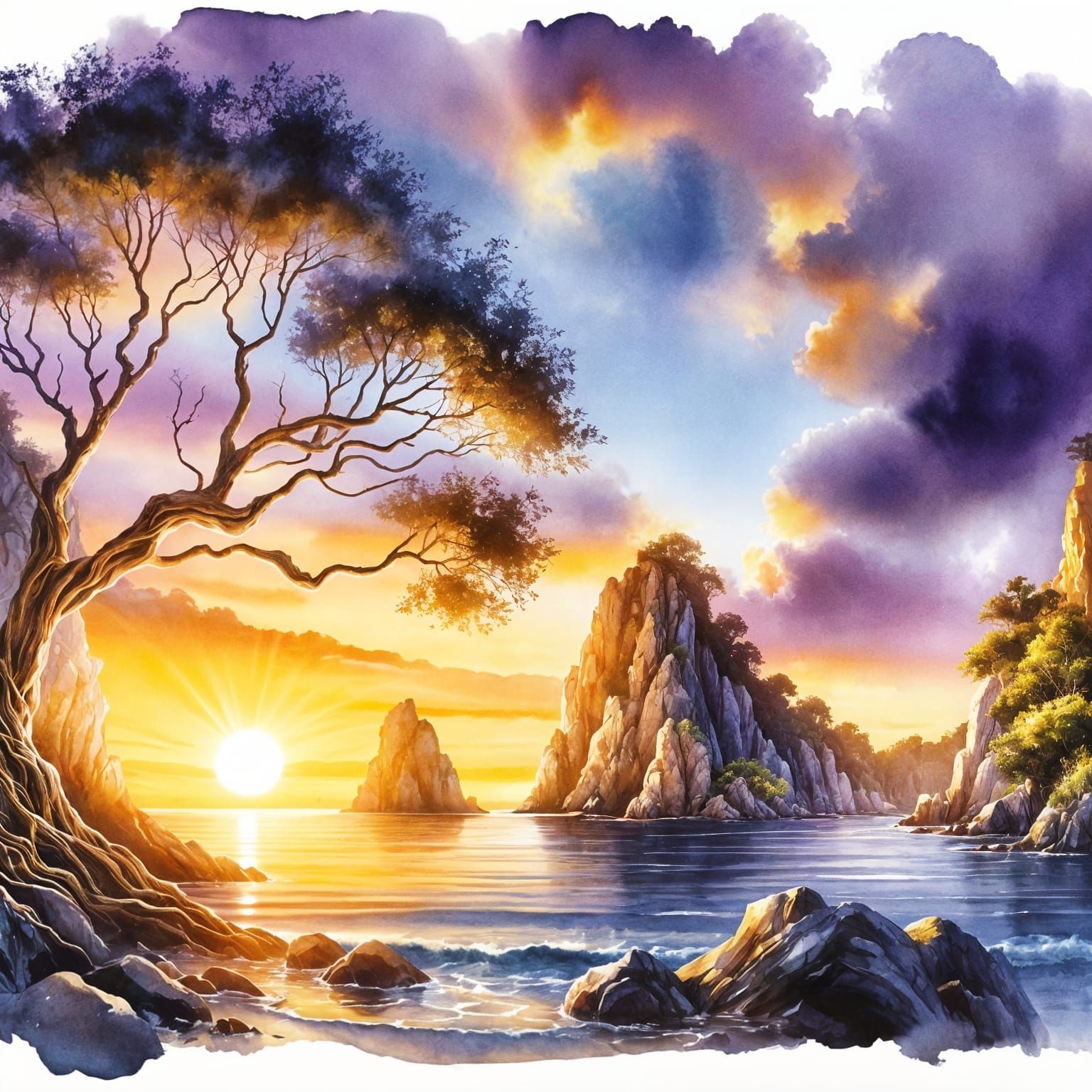 Serene Sunset Coastal Landscape in Watercolor Style