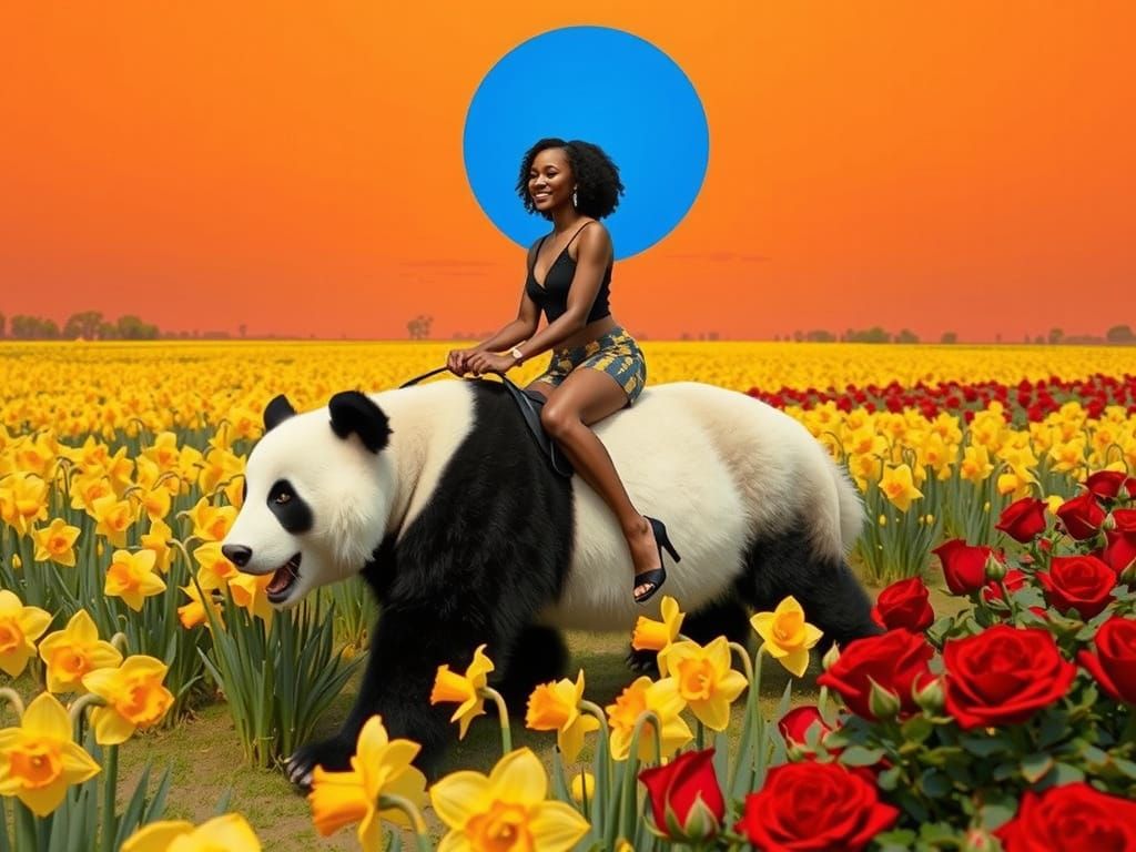 African American Influencer Rides Giant Panda Among Flowers