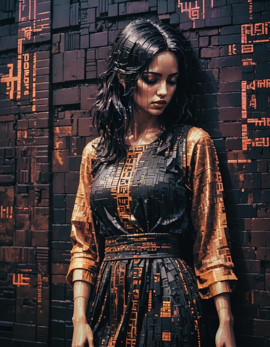 Melancholic Figure Dissolving in Pixel Art Style