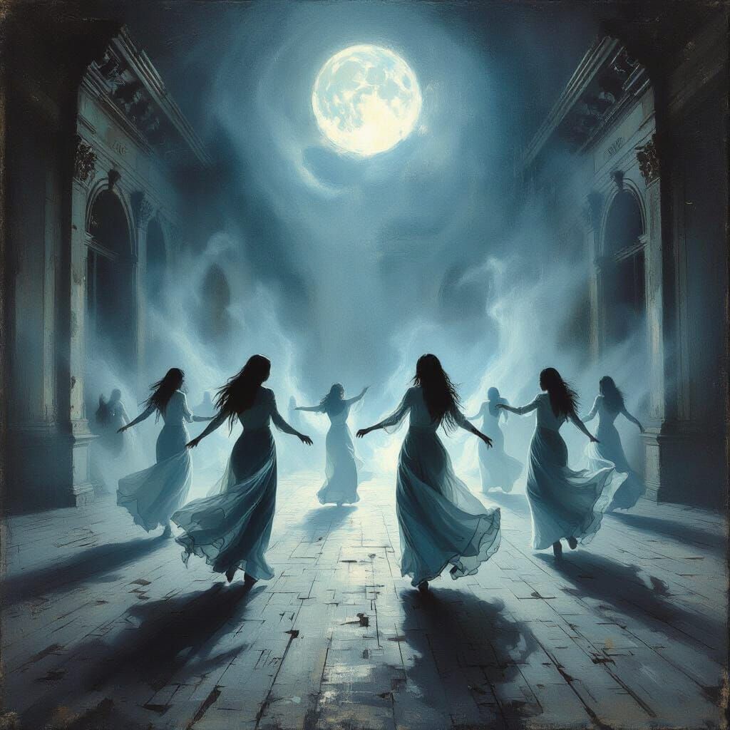 Ethereal Spirits Dancing in Moonlit Ballroom Oil Painting