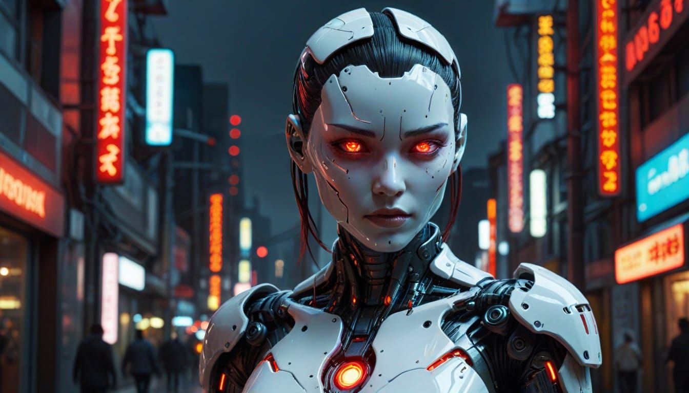 Cyberpunk Gynoid with Glowing Eyes in Neon City