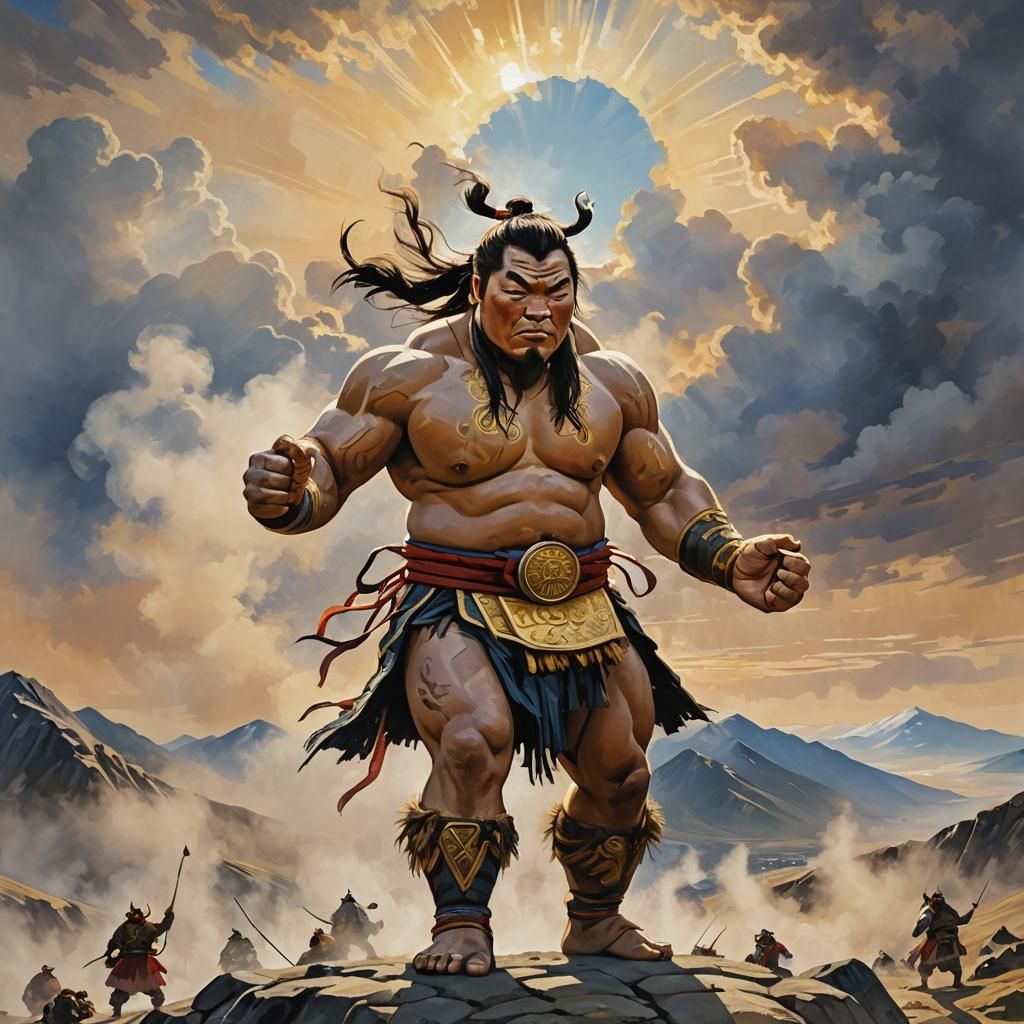 Mongolian Sumo Wrestler at Sunrise in Fauvist Style