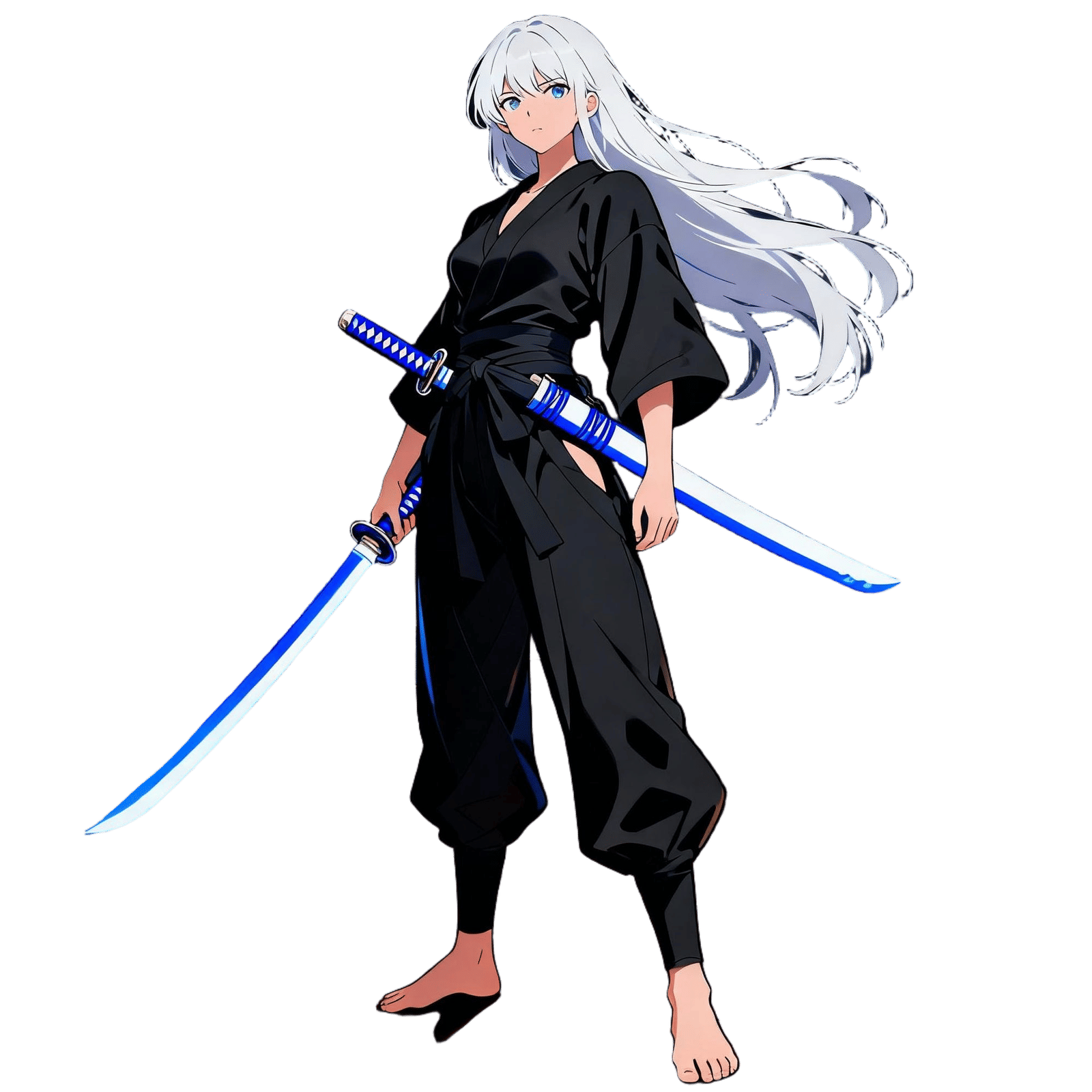 Ninja Woman with Blue Katanas on Ship Deck