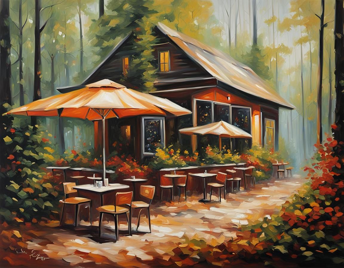 Forest Café: Oil Painting with Splash Art Style